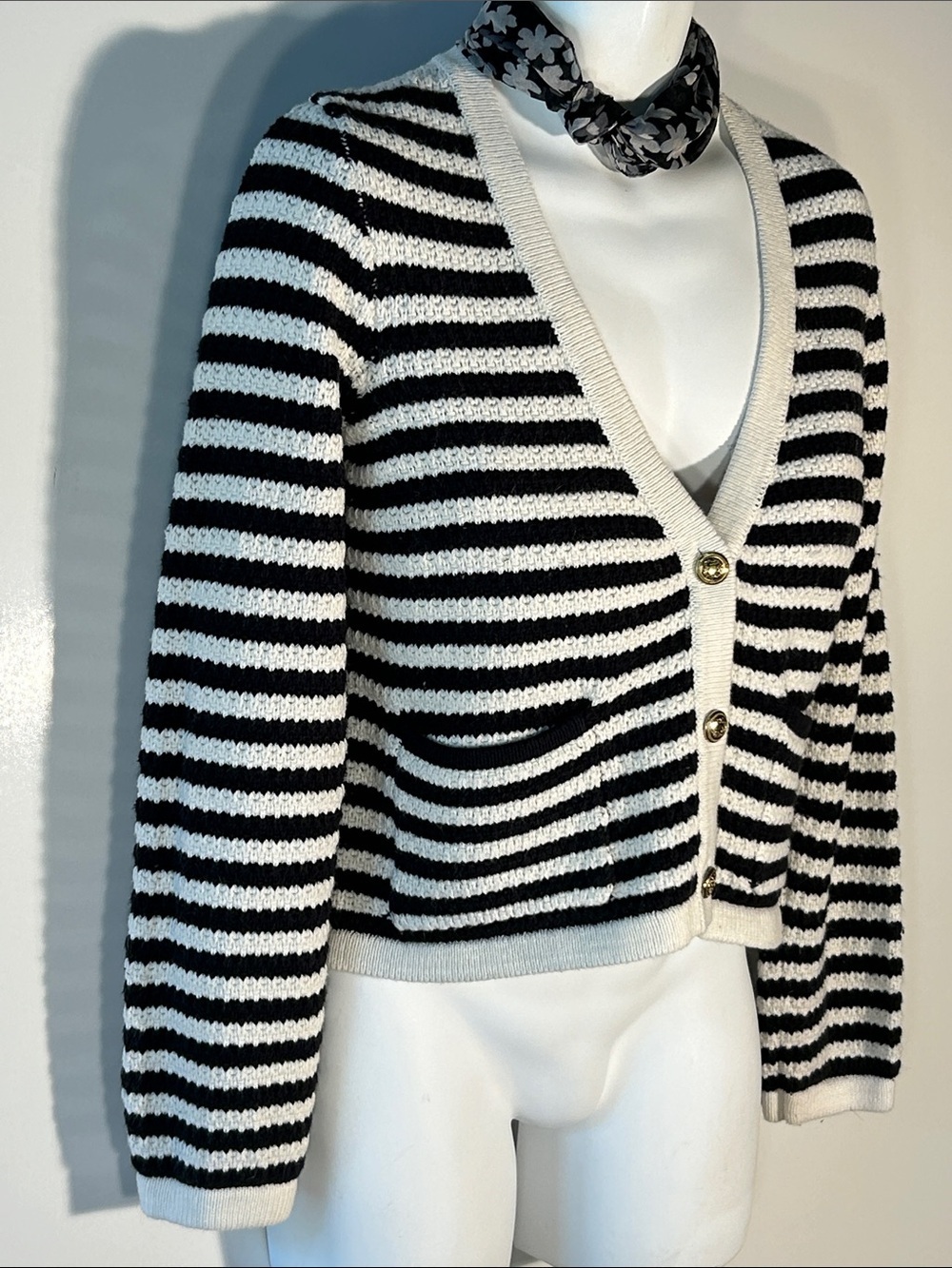Calligraphie SZ L Black & White Stripe Boxy Cardigan Preppy Parisian Academia